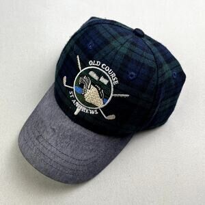 Vintage Old Course St Andrews Golf Hat Cap Blue Plaid Suede Links Scotland 90s